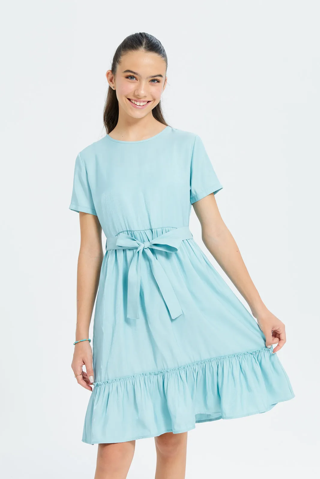 Senior Girls Mint Sateen Layered Dress