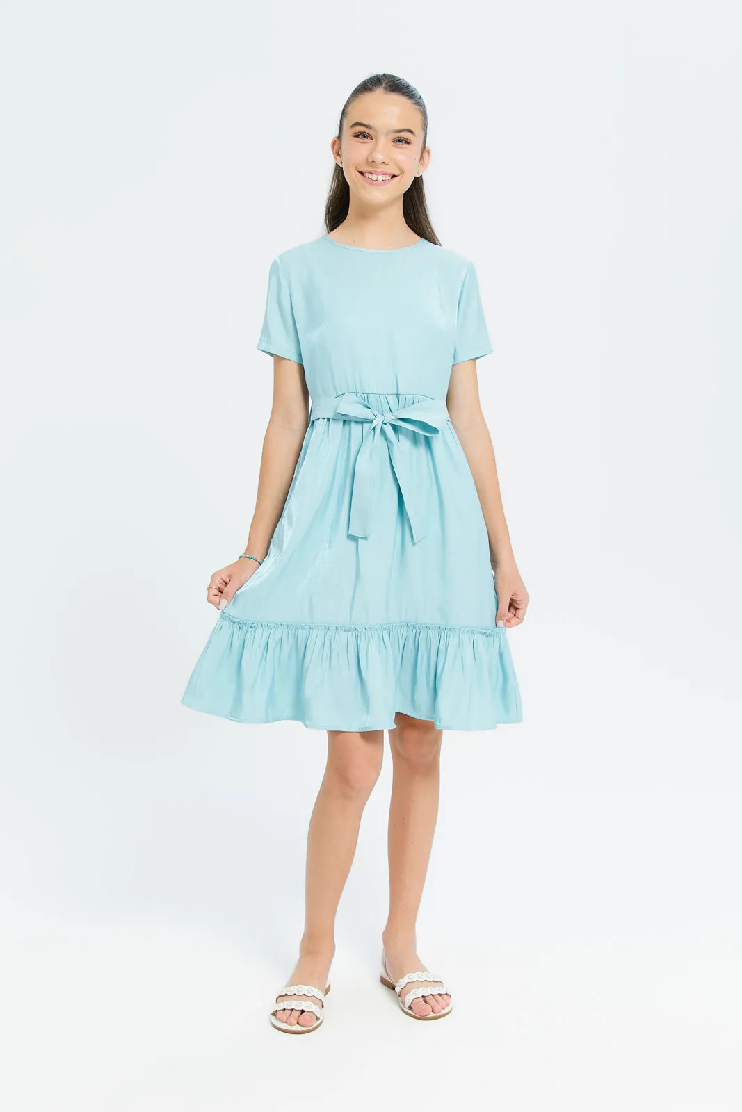 Senior Girls Mint Sateen Layered Dress