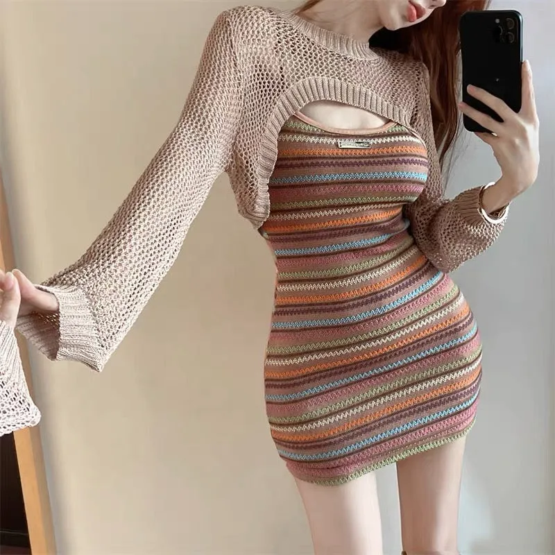 Sexy hot girl style hollow short blouse, stylish rainbow striped long-sleeved top, suspender bag hip skirt suit, women's autumn