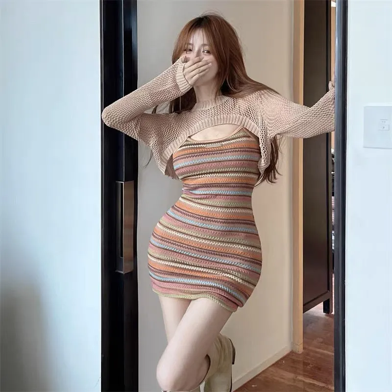 Sexy hot girl style hollow short blouse, stylish rainbow striped long-sleeved top, suspender bag hip skirt suit, women's autumn