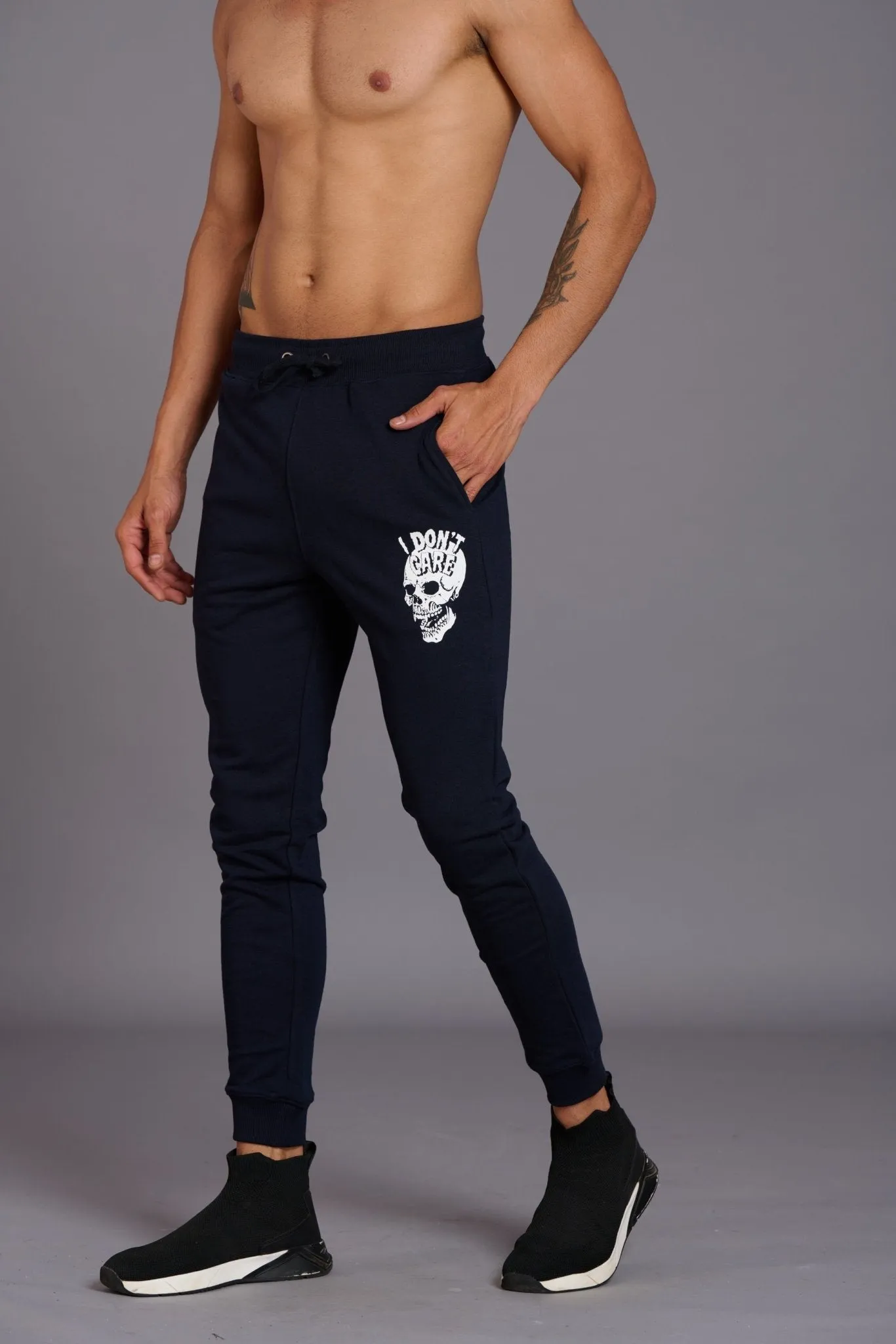 Skull & I Don’t Care Printed Black Joggers for Men