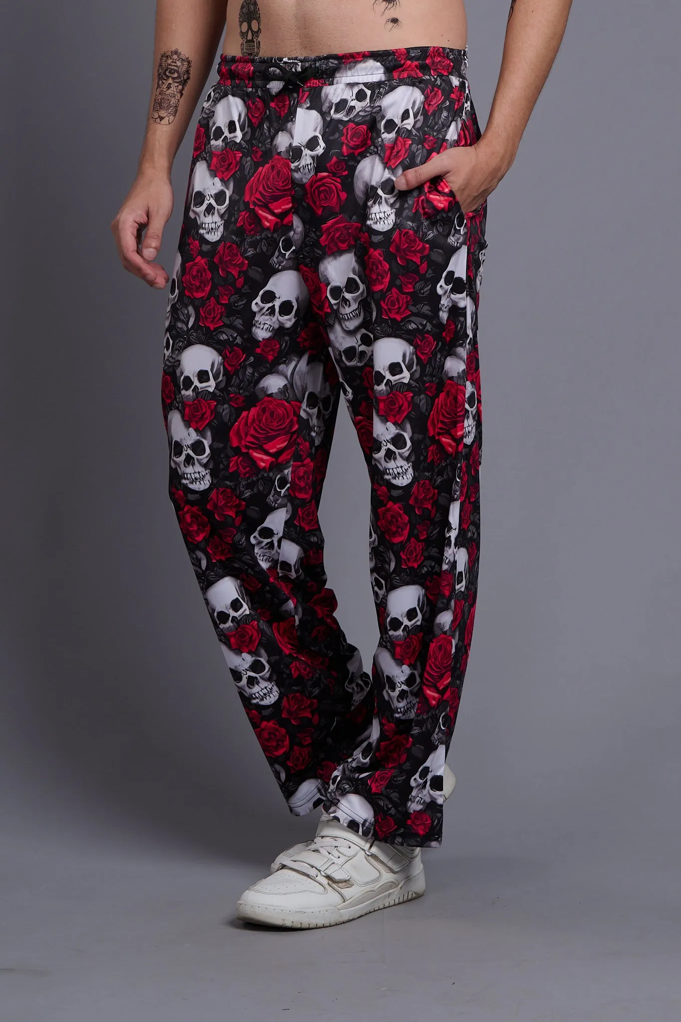 Skull with Rose Printed Black Joggers for Men