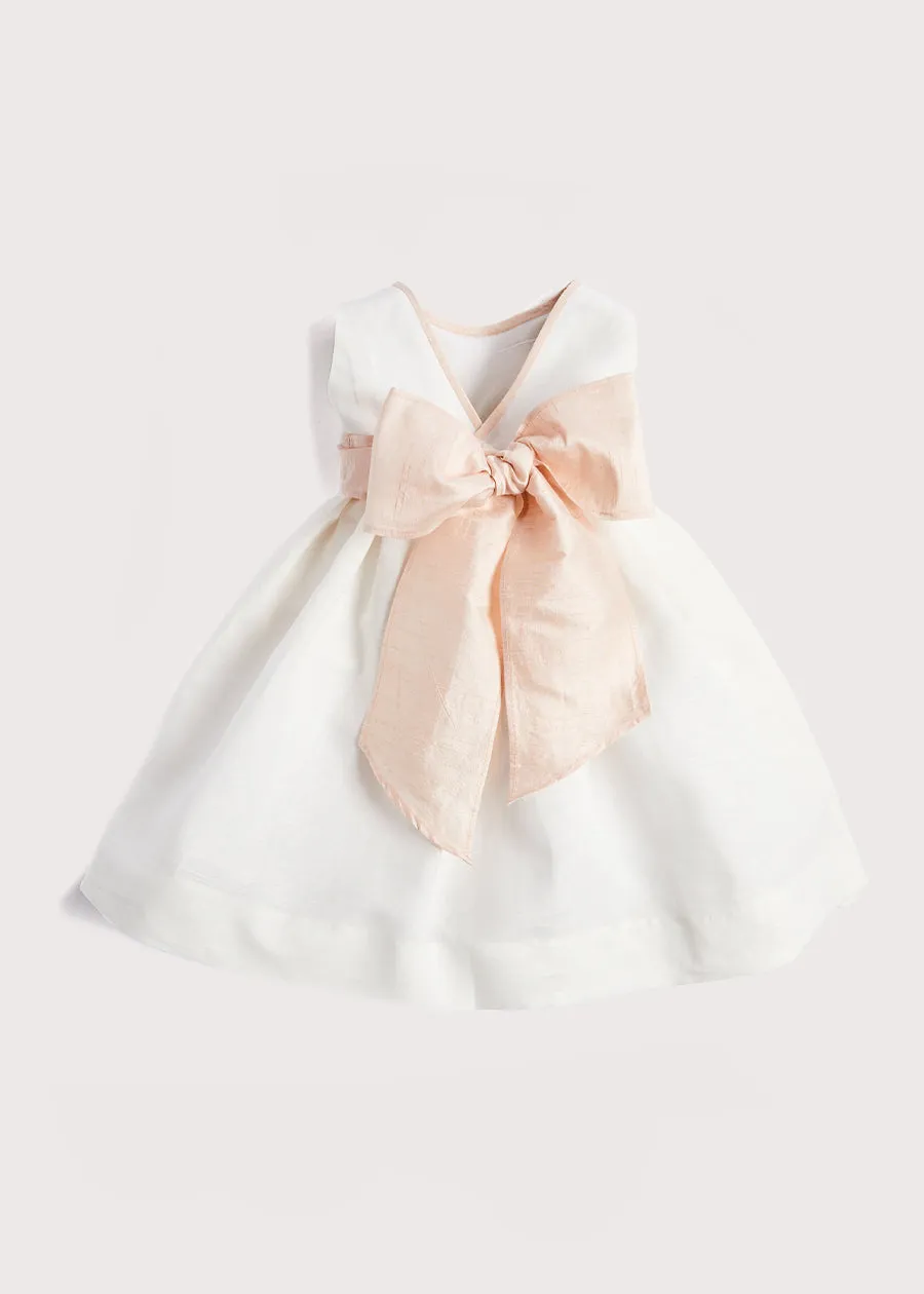 Girls Sleeveless Flower Girl Dress in Ivory with Pink Silk Sash (Sizes 12 months to 10 years)