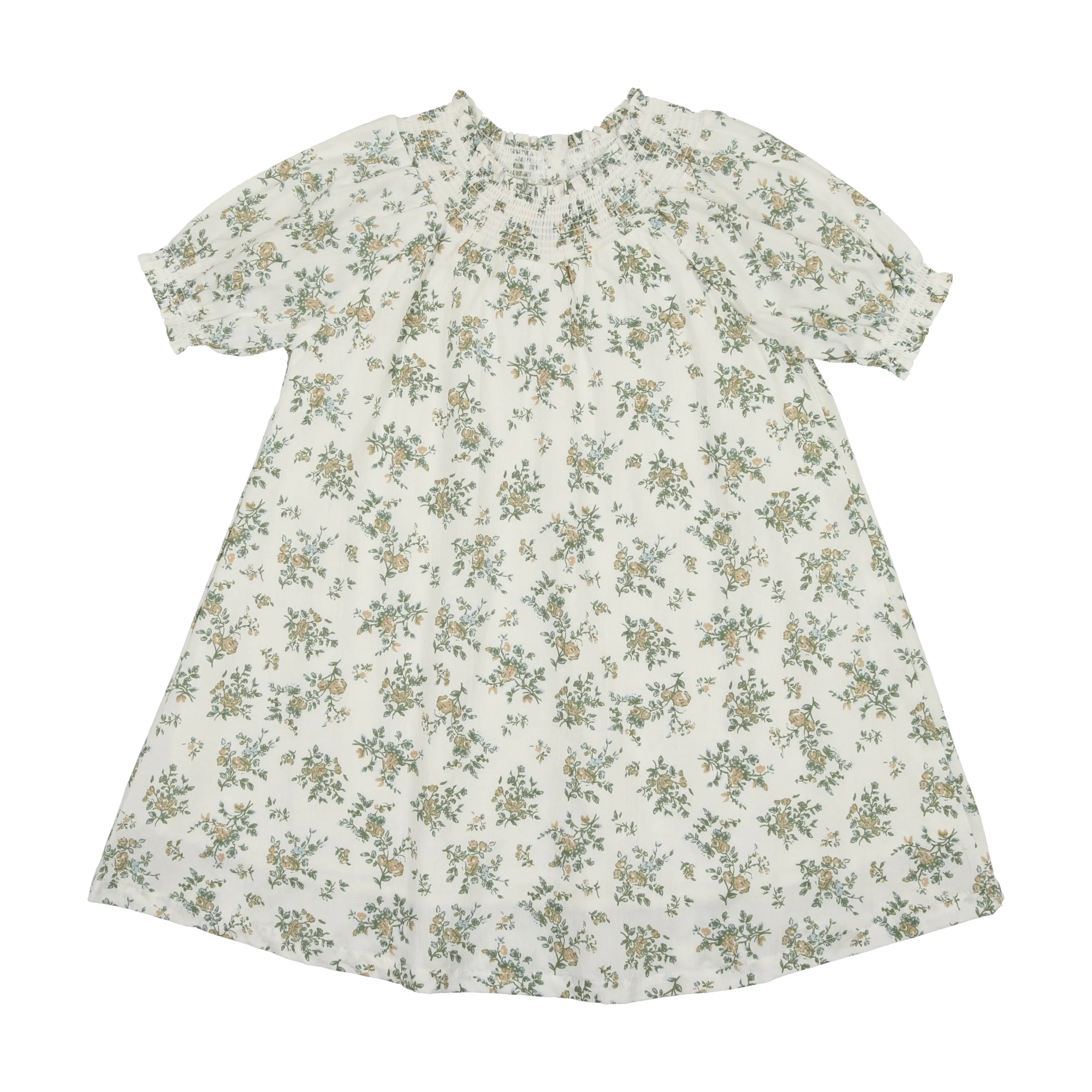 Smocked Floral Short Sleeve Dress | White