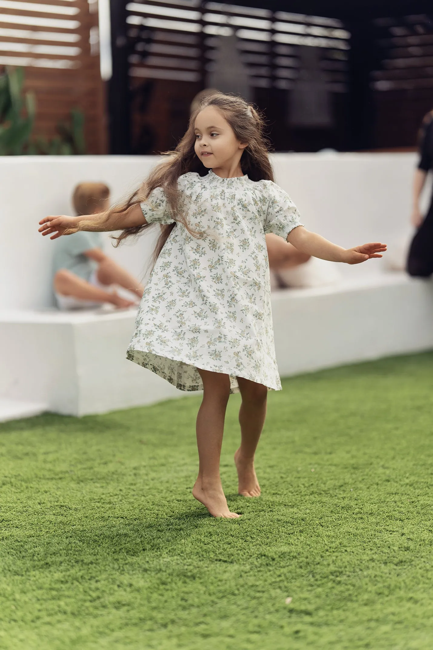 Smocked Floral Short Sleeve Dress | White