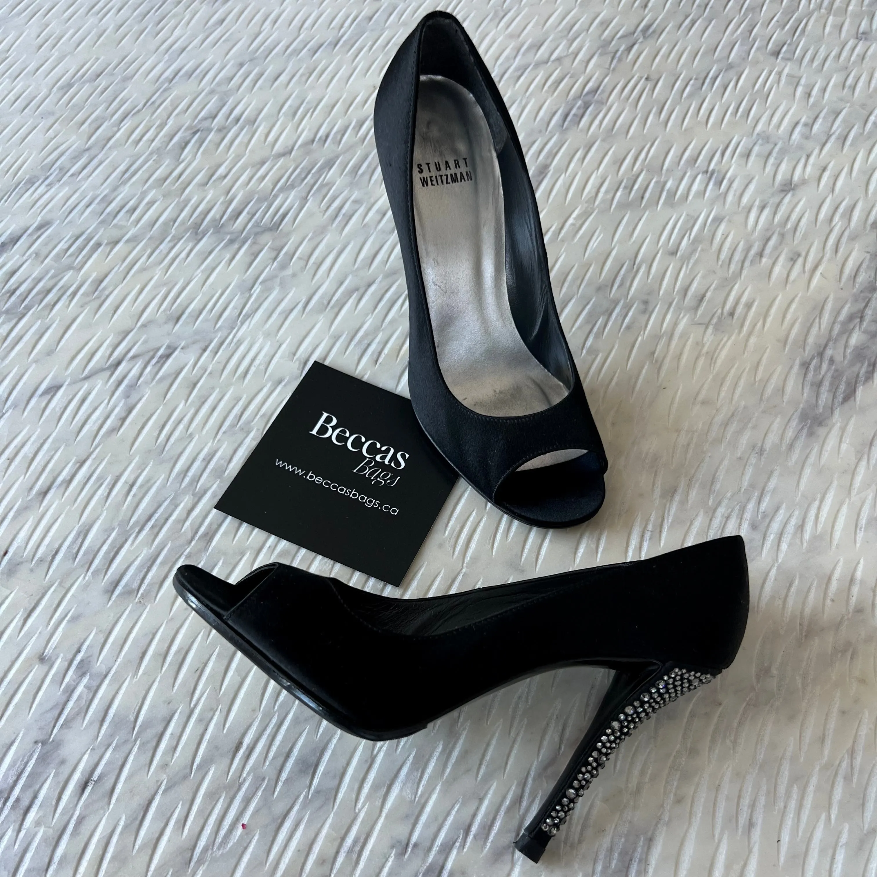 Stuart Weitzman Black Satin Crystal Heel Peep Toe Pumps