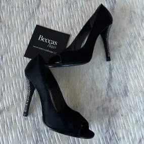 Stuart Weitzman Black Satin Crystal Heel Peep Toe Pumps