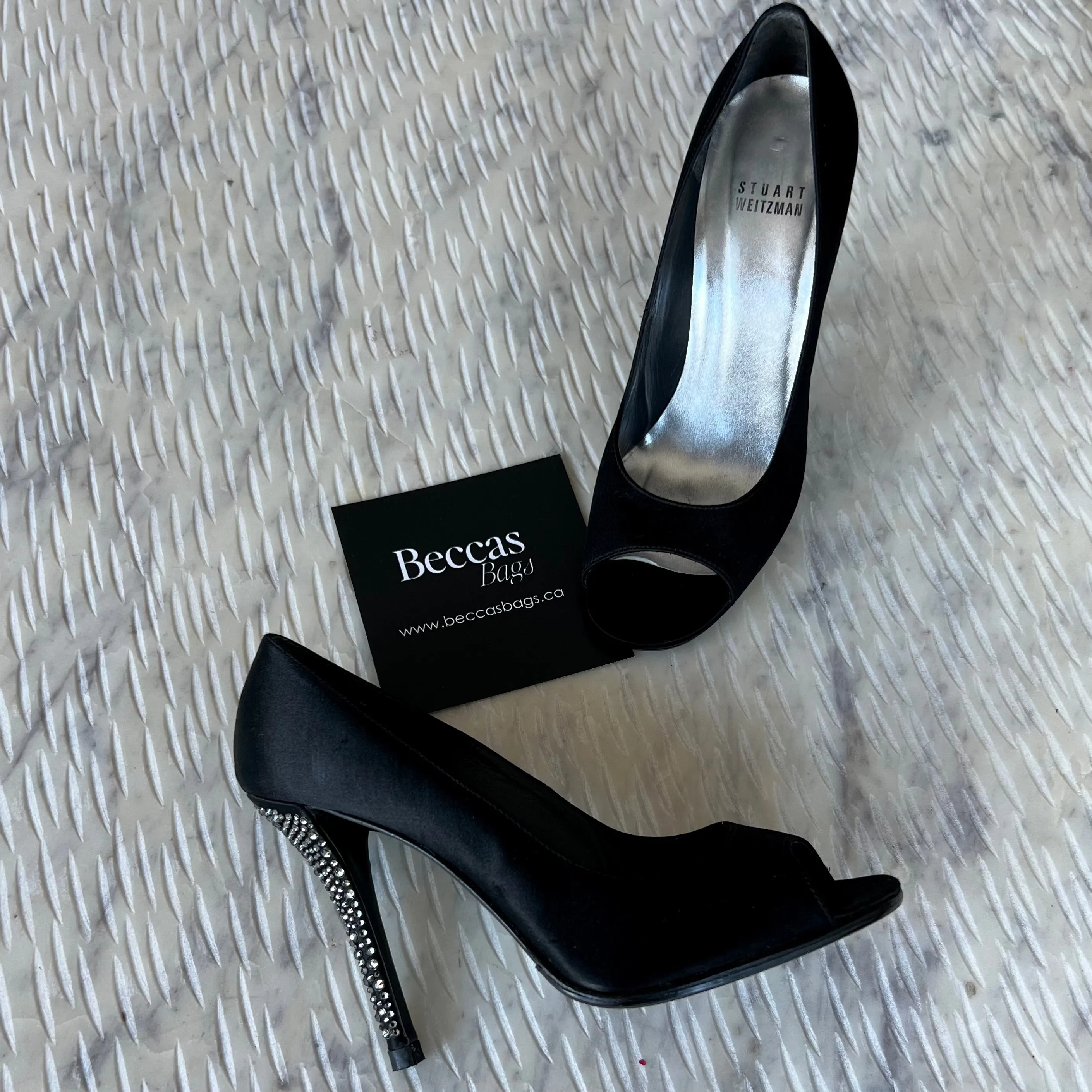 Stuart Weitzman Black Satin Crystal Heel Peep Toe Pumps