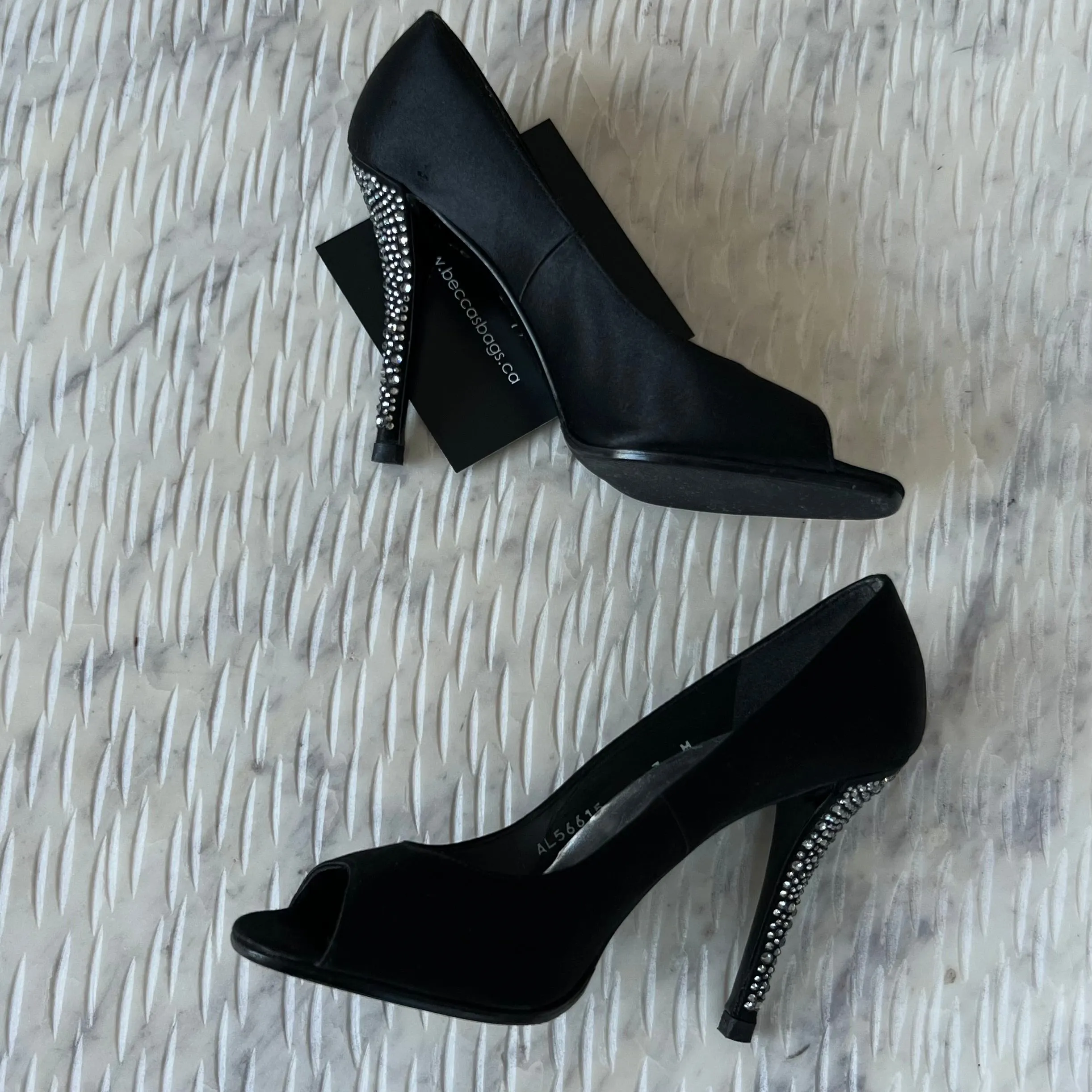 Stuart Weitzman Black Satin Crystal Heel Peep Toe Pumps