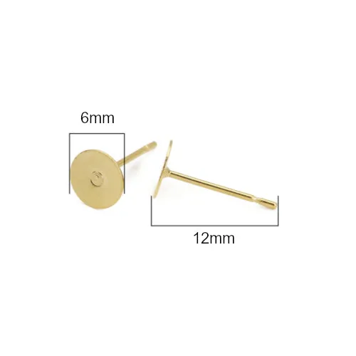 Stud Earring Findings, 202 Stainless Steel, Flat, Round, Glue-On Earring Posts, With 304 Stainless Steel Pins, Golden, 6x12mm