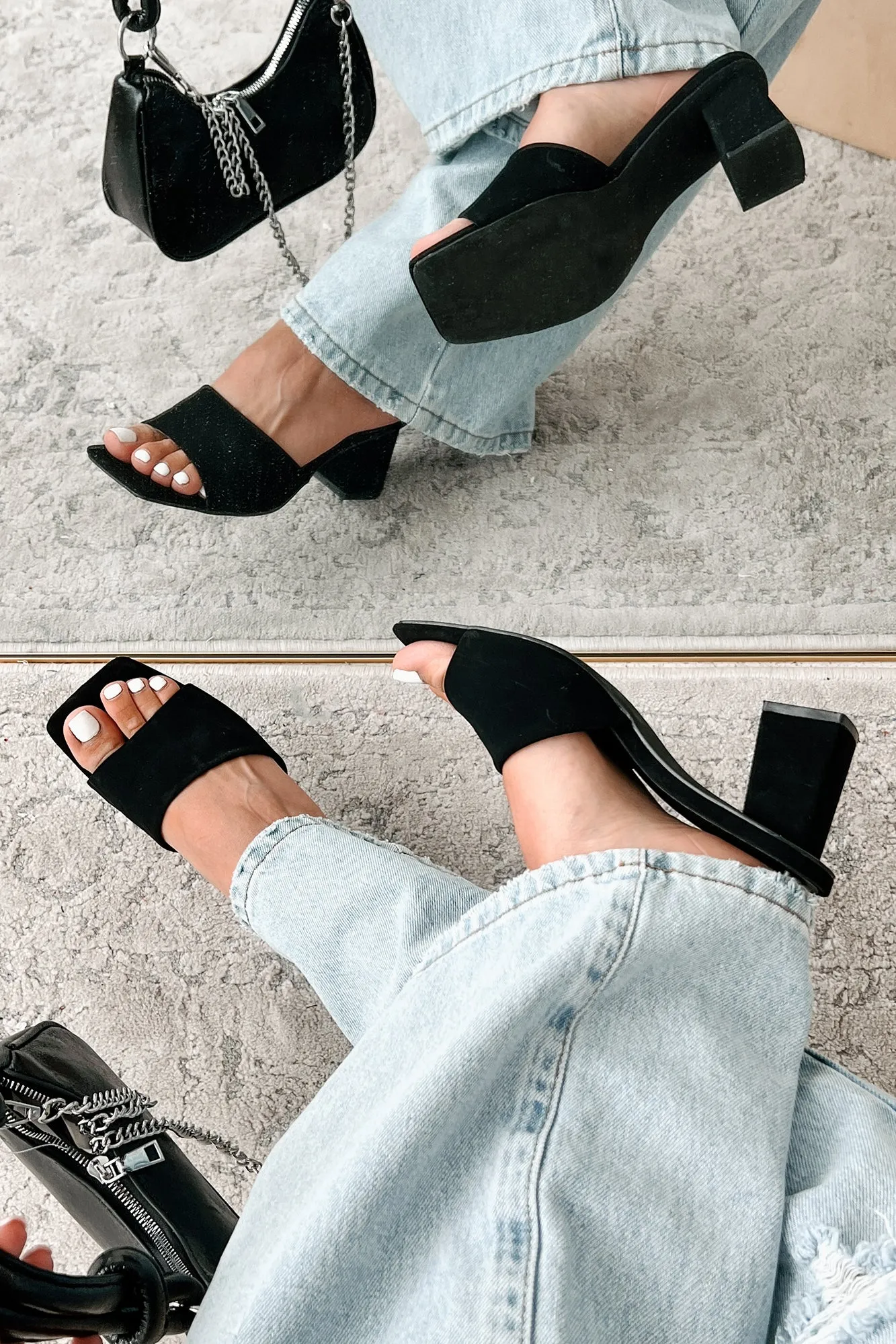 Style Points Square Toe Block Heel Sandals (Black Nubuck)