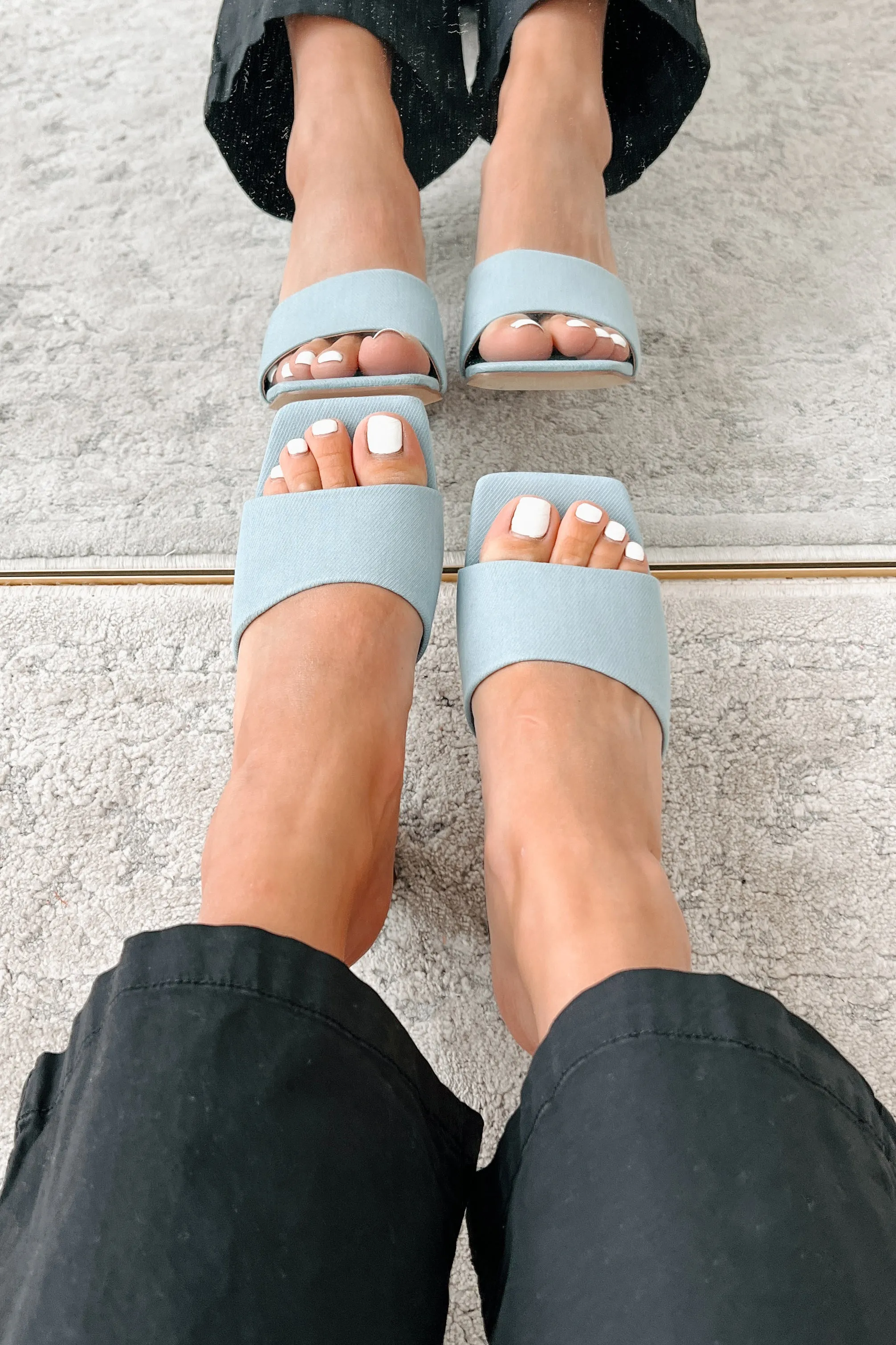 Style Points Square Toe Block Heel Sandals (Blue Fabric)