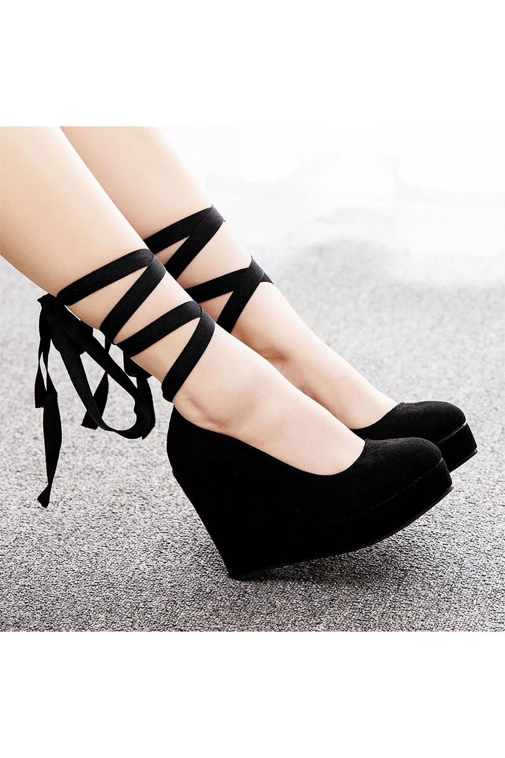 Sweet Round Toe Platform Heels Ankle Strap Wedges Heels