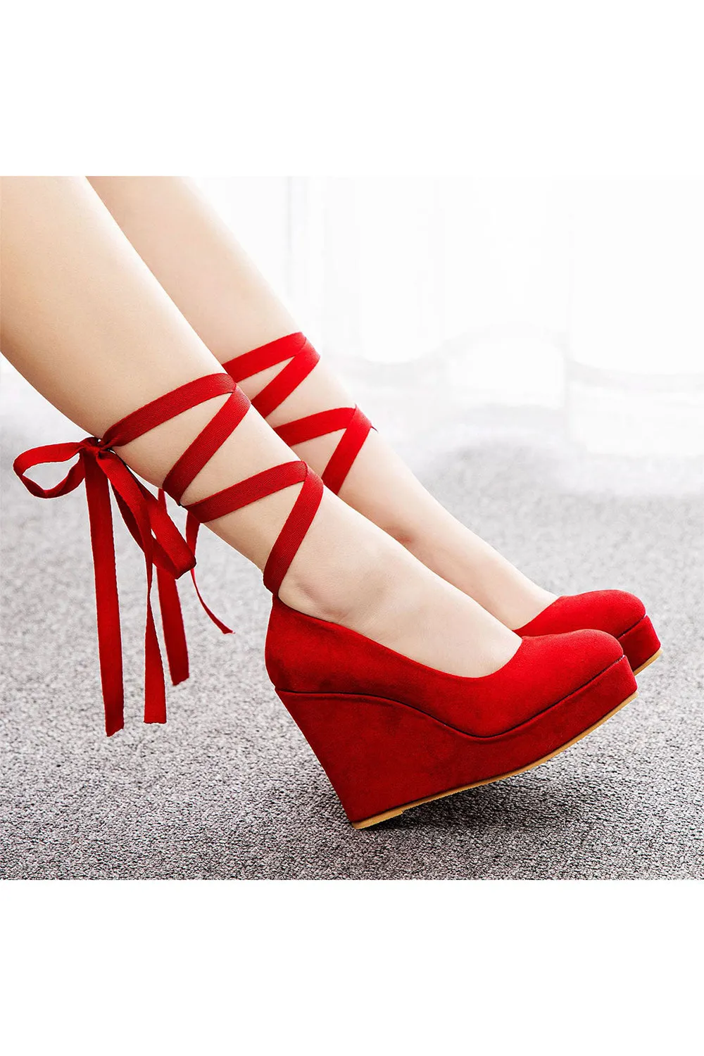 Sweet Round Toe Platform Heels Ankle Strap Wedges Heels