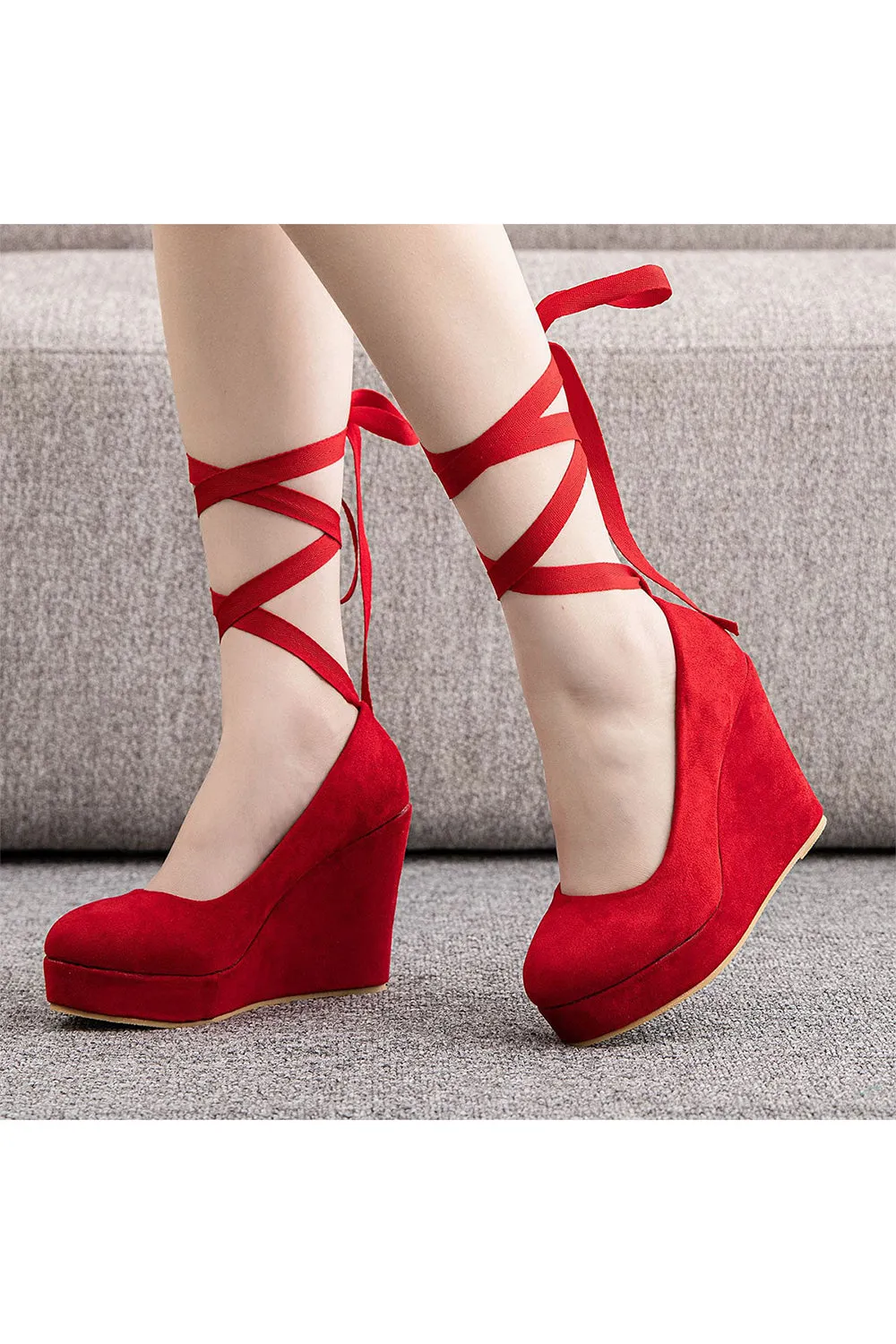 Sweet Round Toe Platform Heels Ankle Strap Wedges Heels