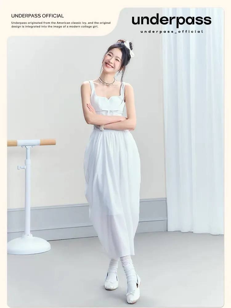 underpass original design ballet girl style suspender textured suspender long skirt waist white dress