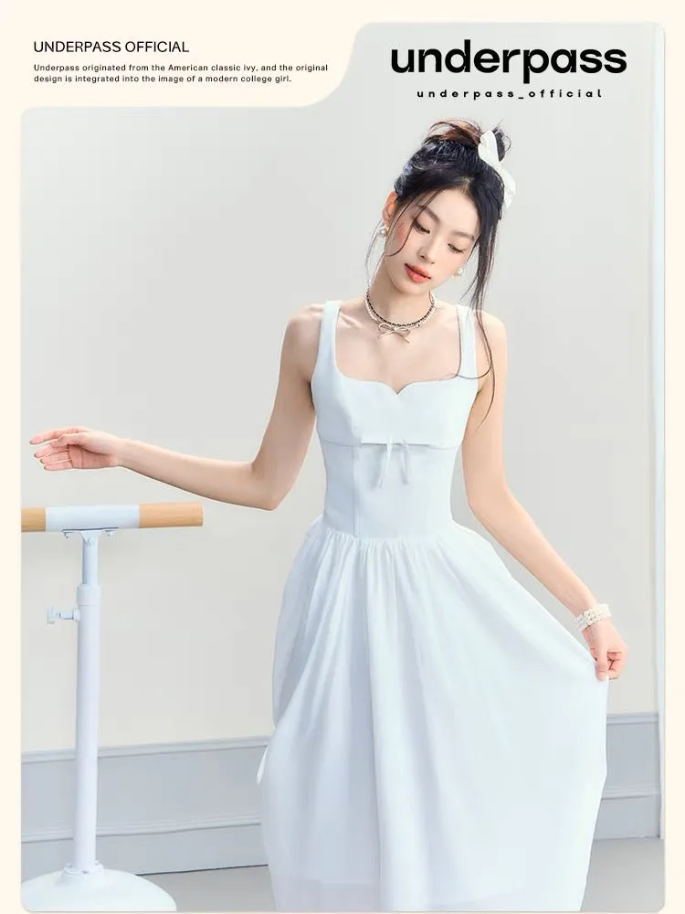 underpass original design ballet girl style suspender textured suspender long skirt waist white dress