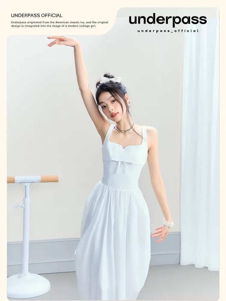 underpass original design ballet girl style suspender textured suspender long skirt waist white dress