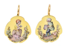 Vintage 18K Gold Victorian Earrings with Painted Children Portraits