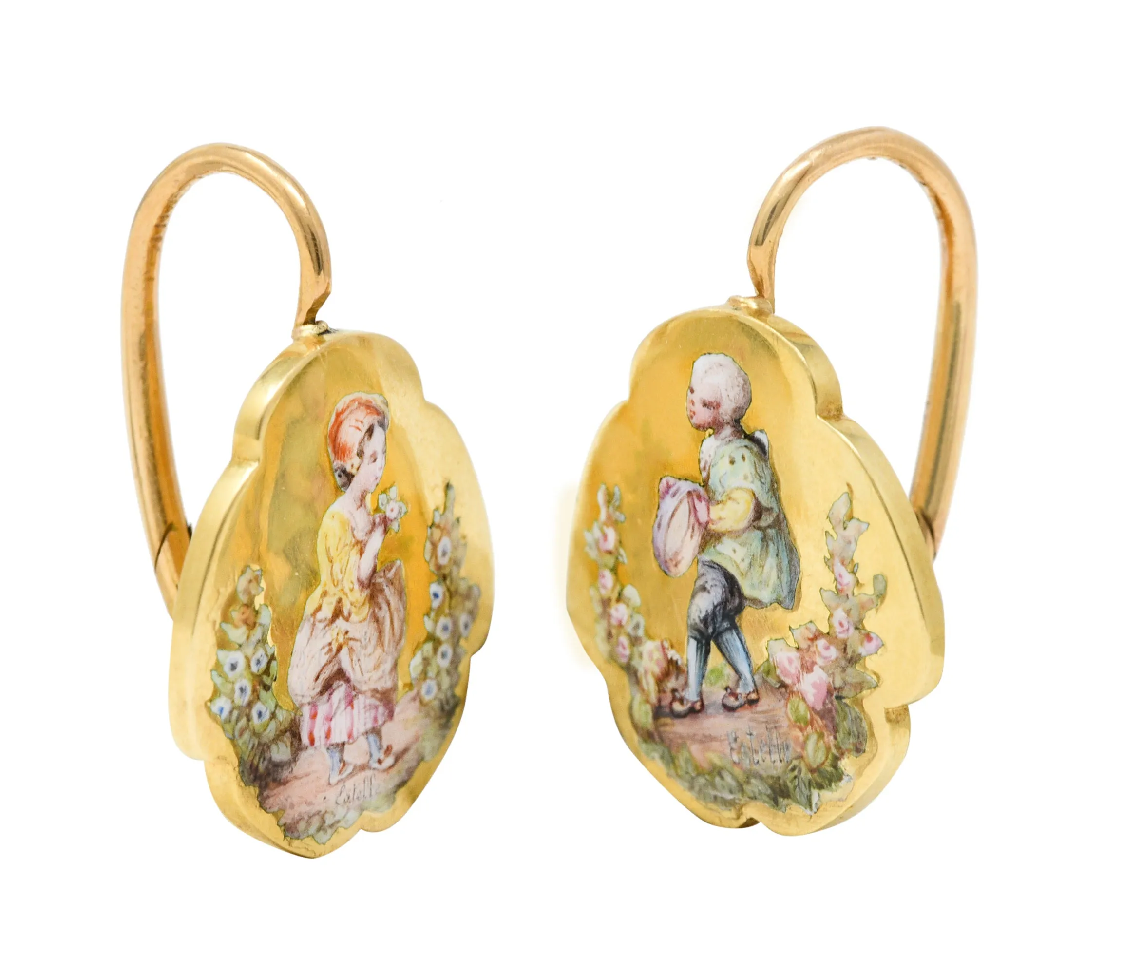 Vintage 18K Gold Victorian Earrings with Painted Children Portraits