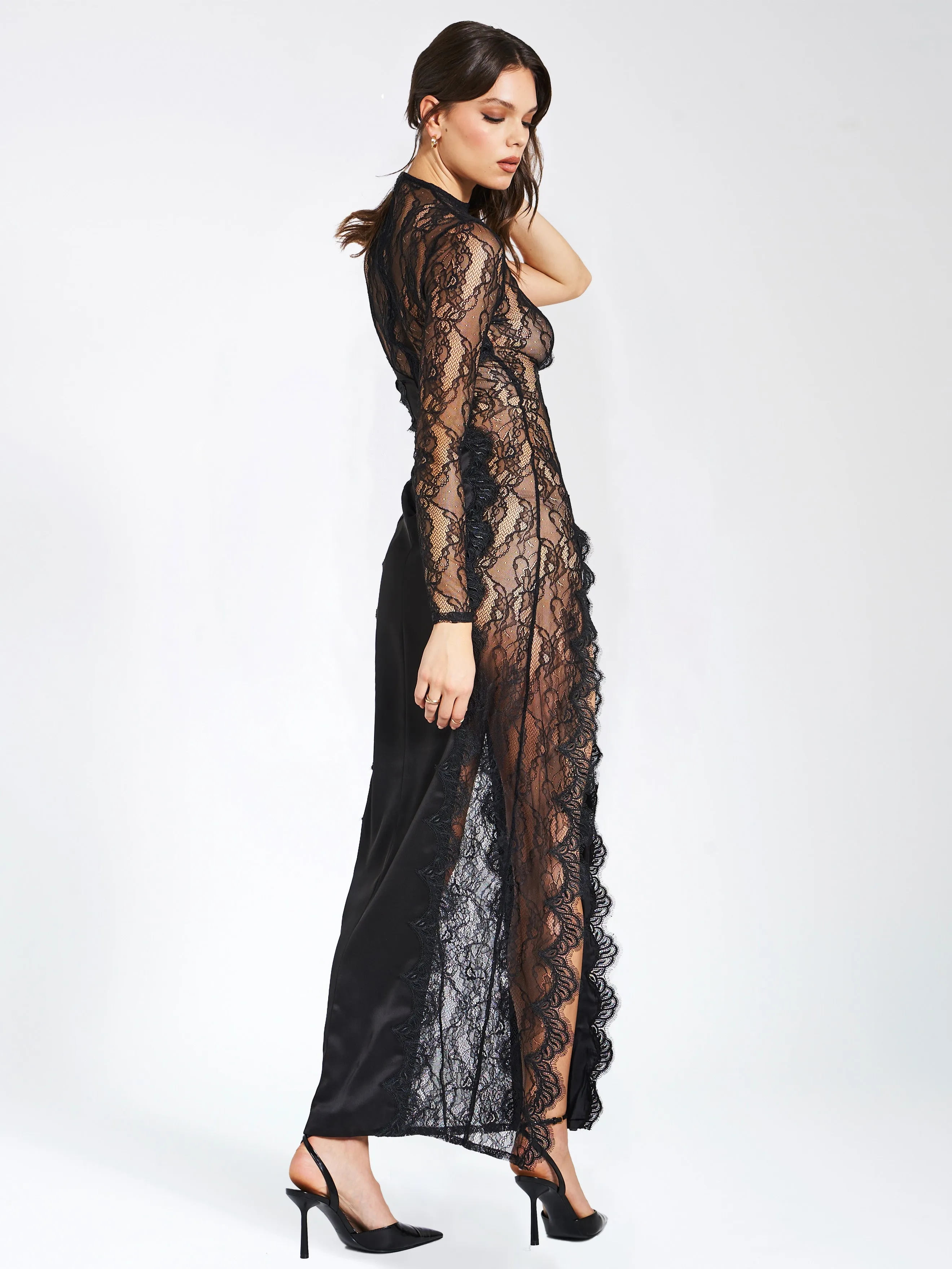 Weslyn Black Satin Lace High Slit Dress