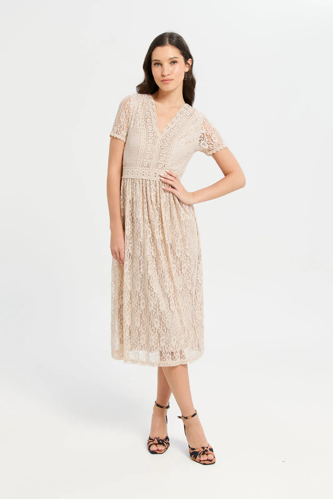 Women Beige Lace Midi Length Dress