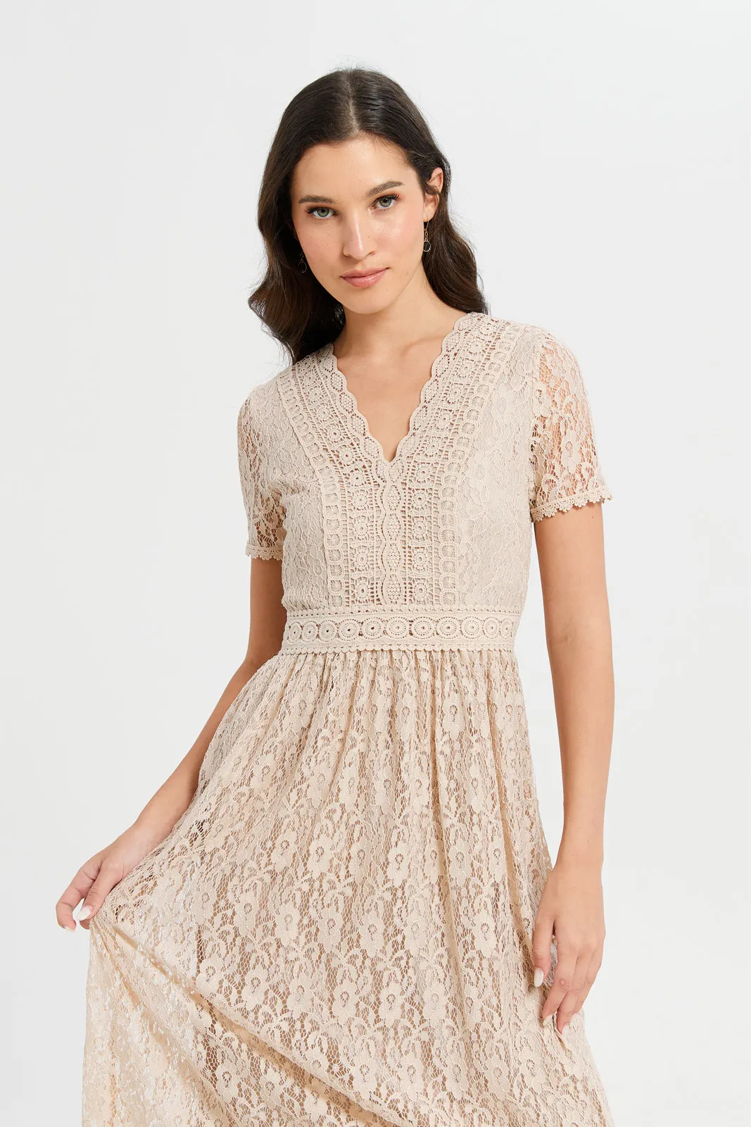 Women Beige Lace Midi Length Dress