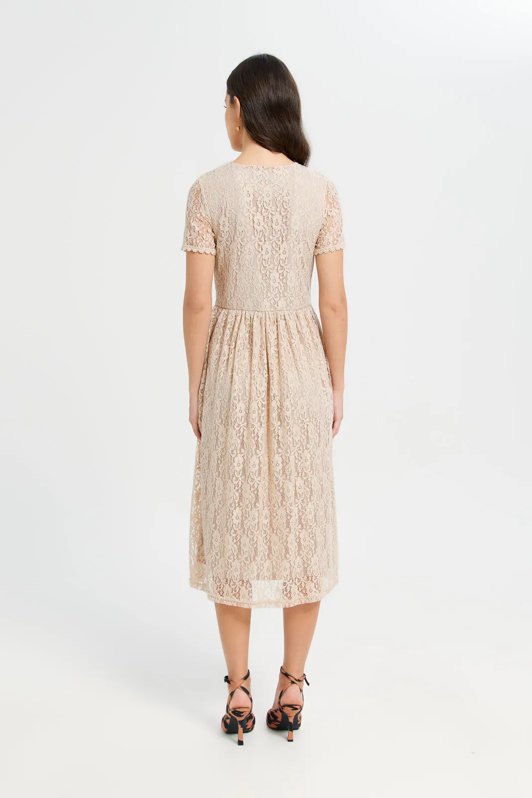 Women Beige Lace Midi Length Dress