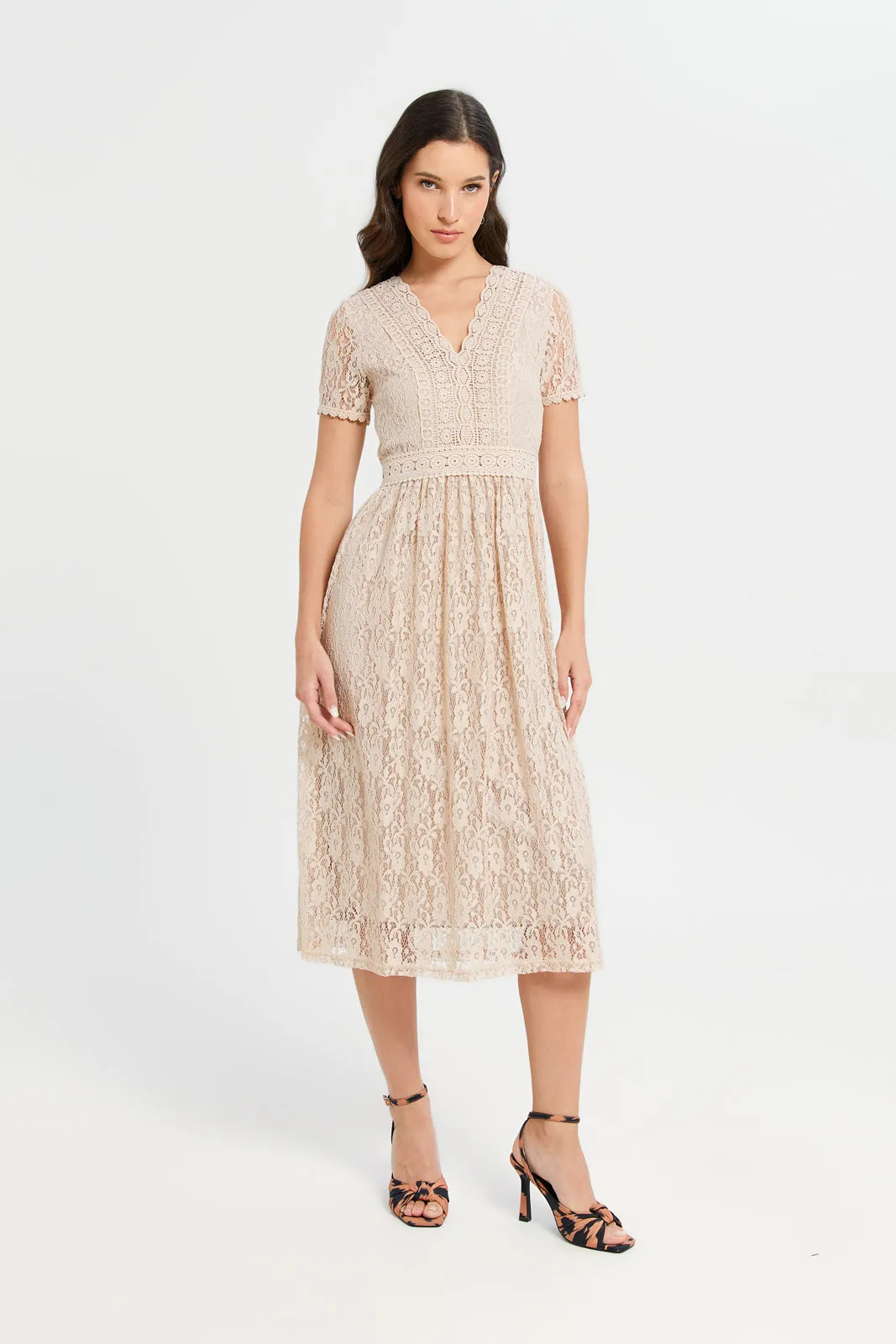 Women Beige Lace Midi Length Dress