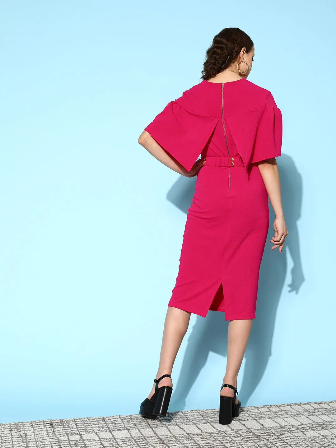 Women Fuchsia Belted Drop Shoulder Midi Dress