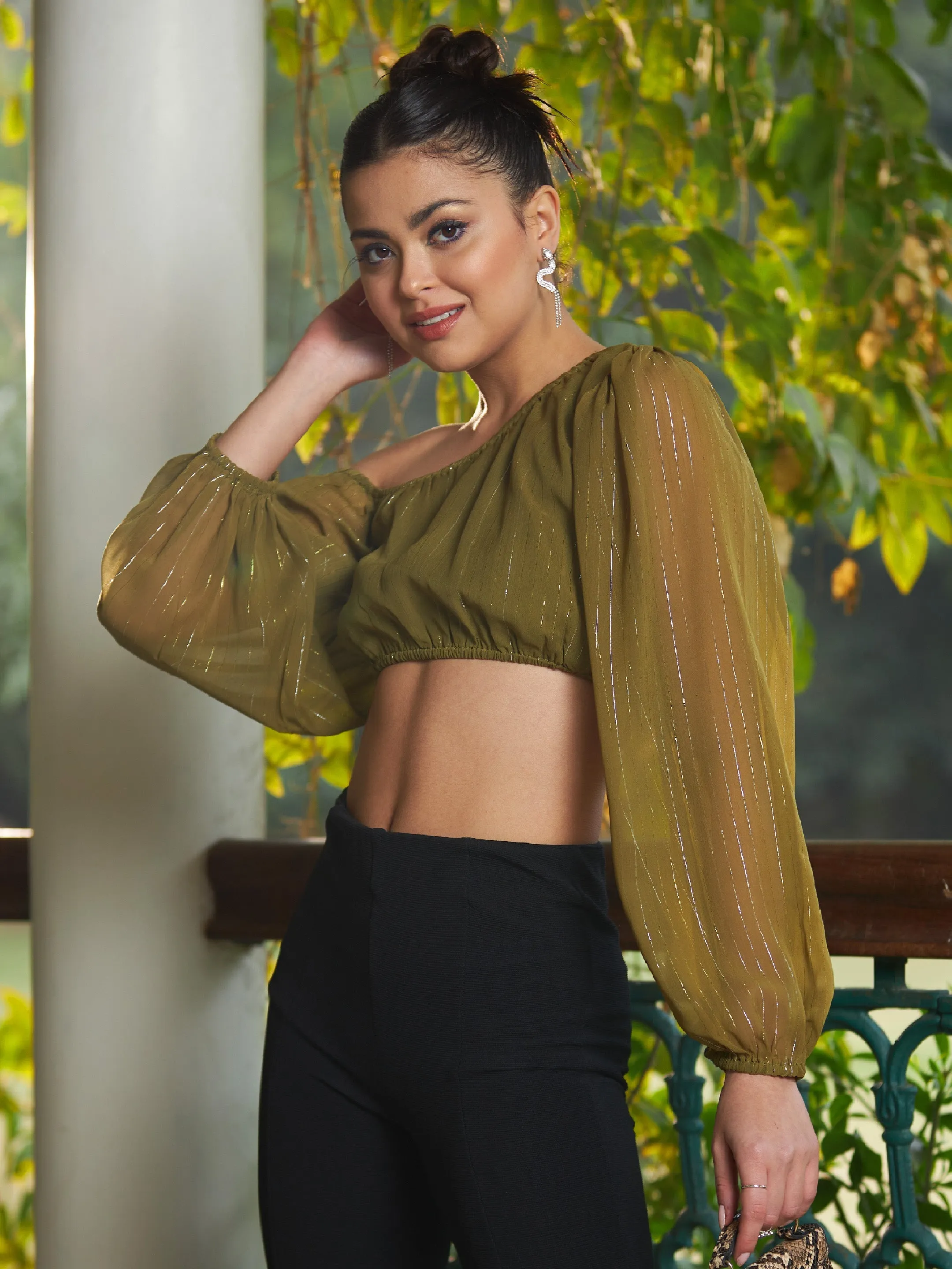 Women Olive Chiffon Lurex One Shoulder Crop Top