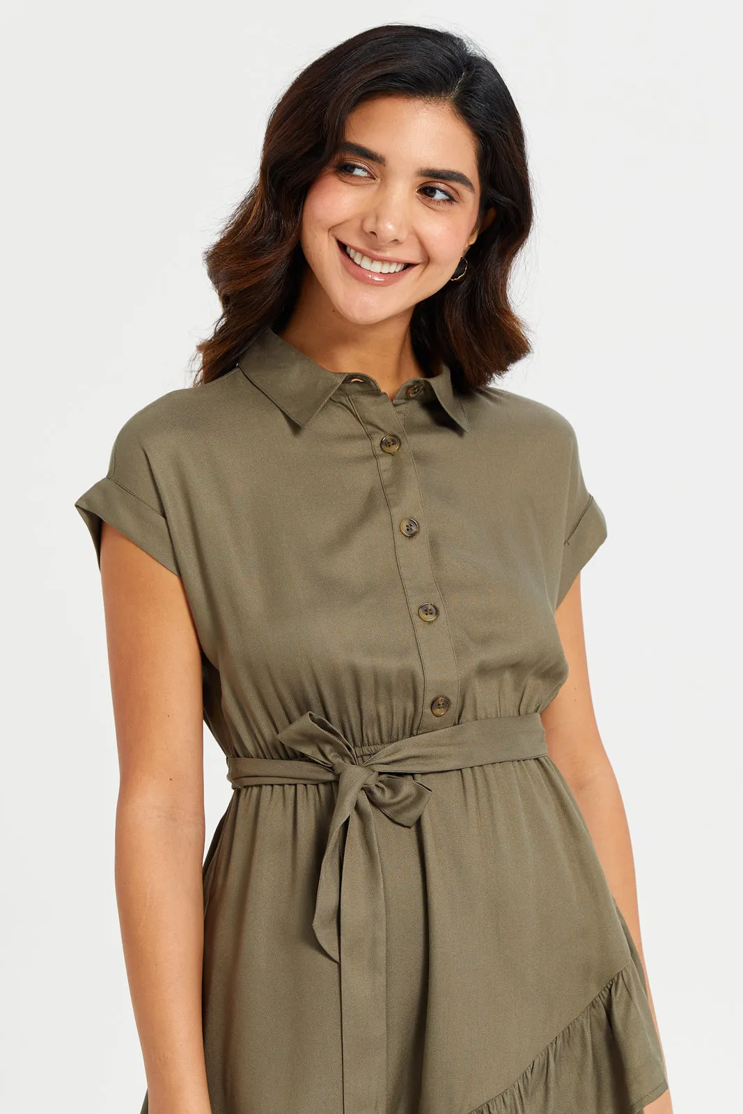 Women Olive Collared Dress