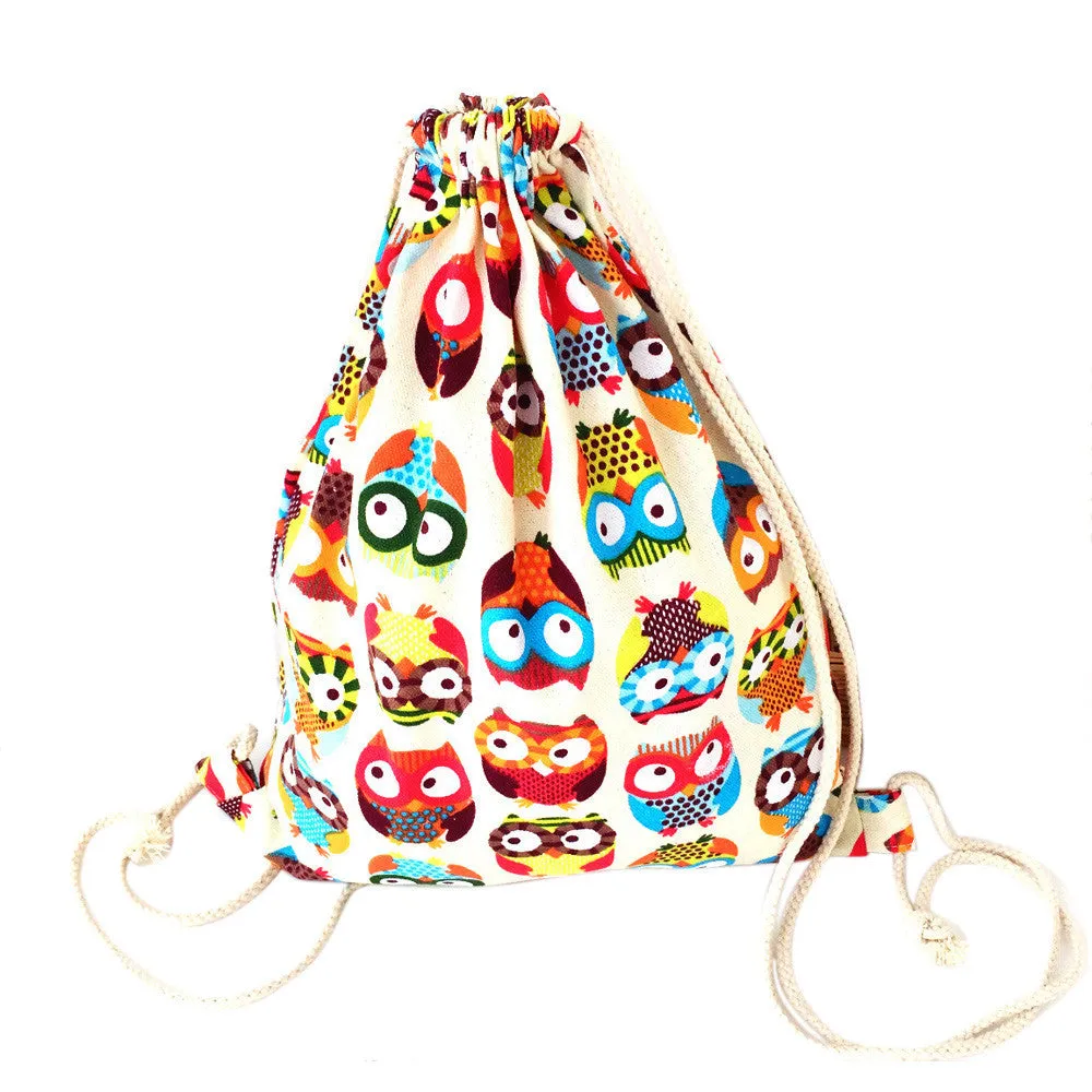 Women Owl Canvas Drawstring Backpacks College Students School Bagpack for Teenage Girls Mochila Feminina Bag