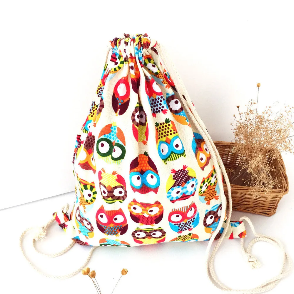 Women Owl Canvas Drawstring Backpacks College Students School Bagpack for Teenage Girls Mochila Feminina Bag