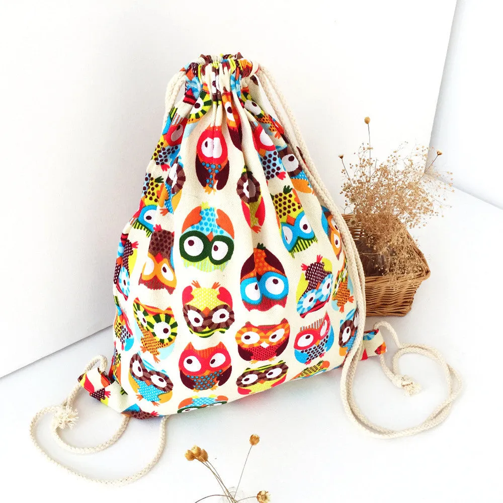 Women Owl Canvas Drawstring Backpacks College Students School Bagpack for Teenage Girls Mochila Feminina Bag