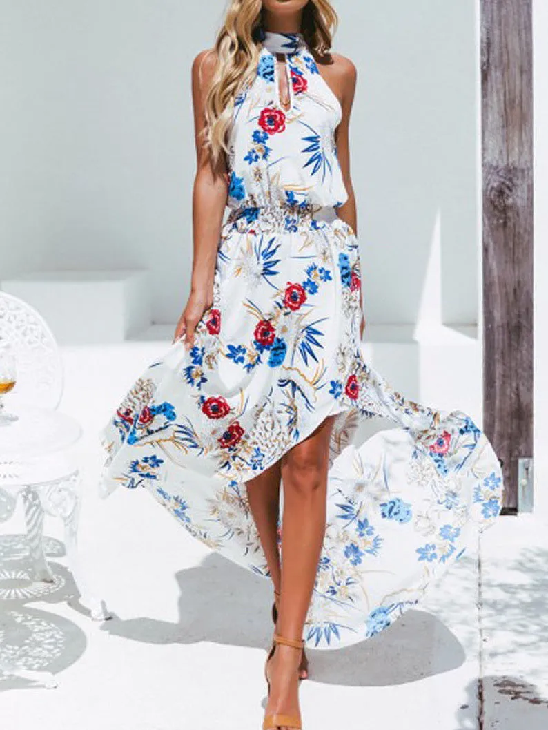 Women's Dresses Printed Halter Off Shoulder Elastic Waist Irregular Dress