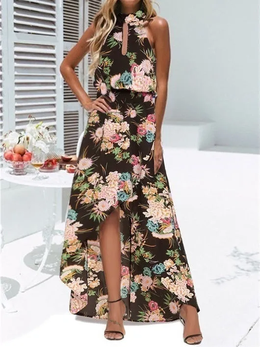 Women's Dresses Printed Halter Off Shoulder Elastic Waist Irregular Dress