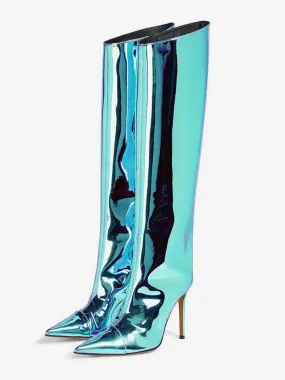 womens knee boots metallic pointed toe stiletto heel knee length boots