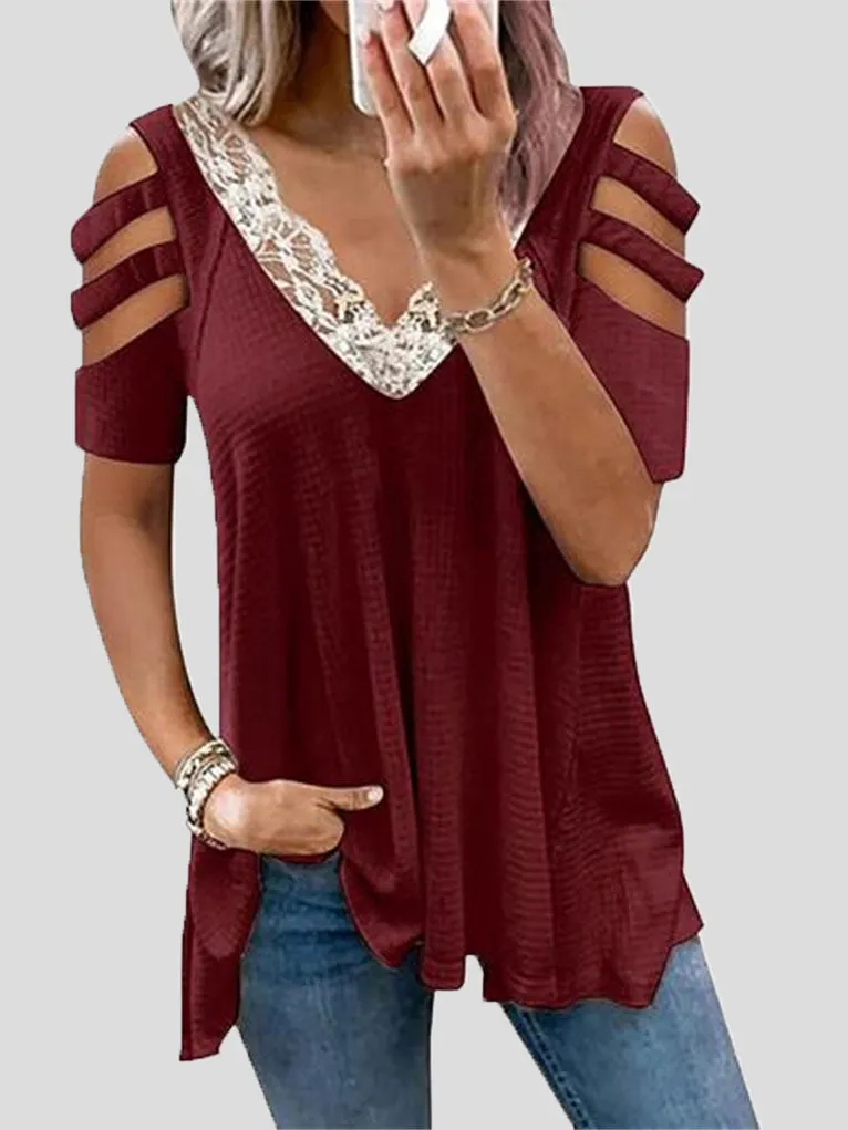 Women's T-Shirts V-Neck Lace Off Shoulder T-Shirt