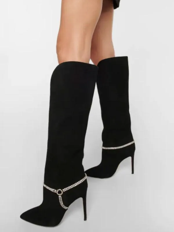 Black Heeled Knee High Suede Boots