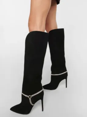 Black Heeled Knee High Suede Boots