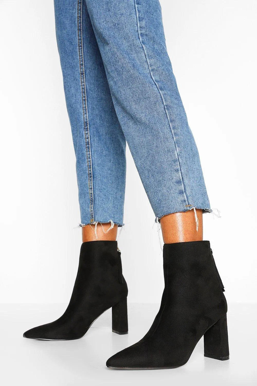 Zip Back Pointed Toe Block Heel Booties